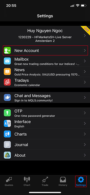 Giao diện đăng nhập ứng dụng MetaTrader trên iOS
