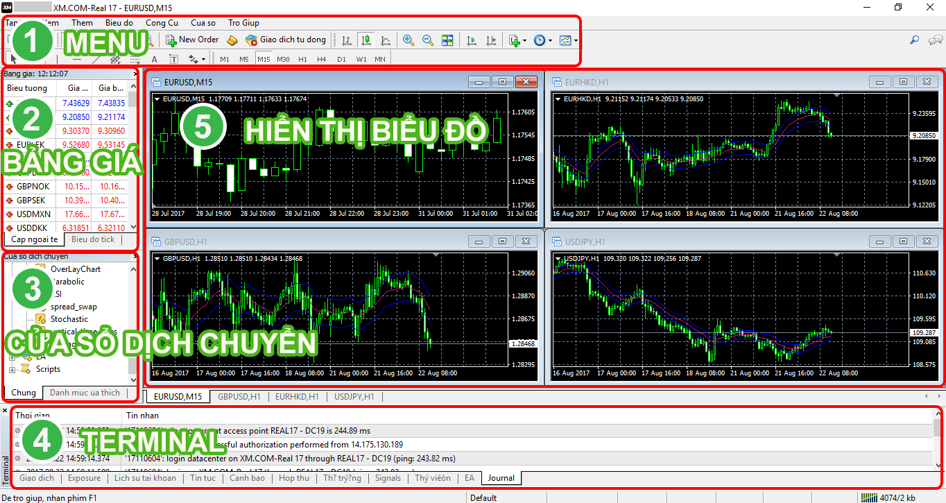 Trader sử dụng MT5 với giao diện nhiều màn hình hiển thị biểu đồ và dữ liệu chi tiết