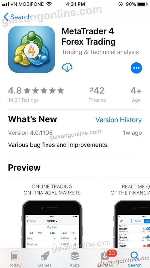 Giao diện App Store khi tìm kiếm ứng dụng MetaTrader