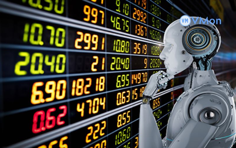 Robot Forex A đang phân tích dữ liệu thị trường trên màn hình máy tính